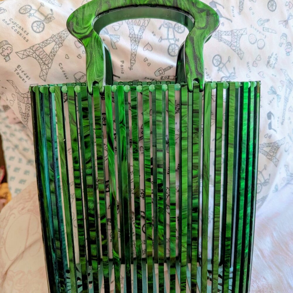 Retro Vintage Look Tiki Purse-Green Retrolite Bamboo Look Tote/Handbag - Picture 7 of 16